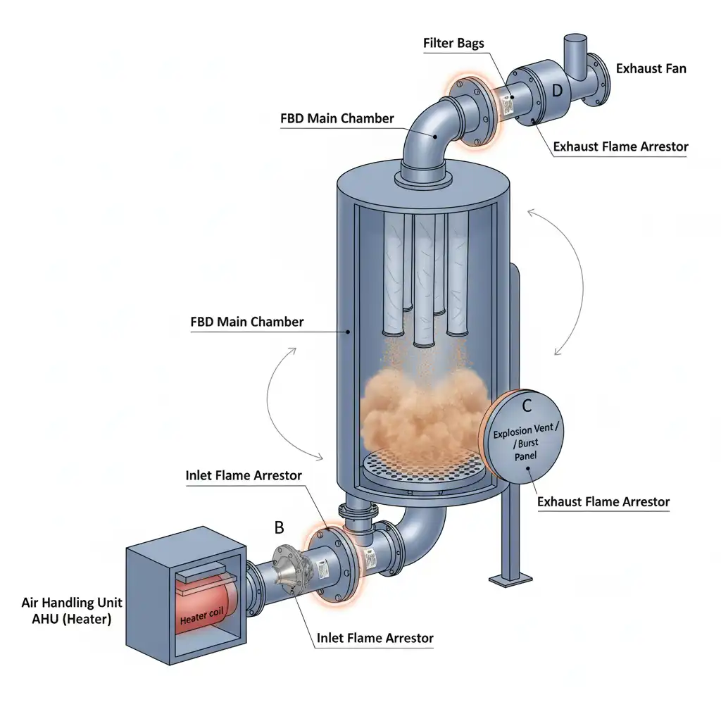 Ventil’s Flame Arrestor working principle in Fluid Bed Dryer